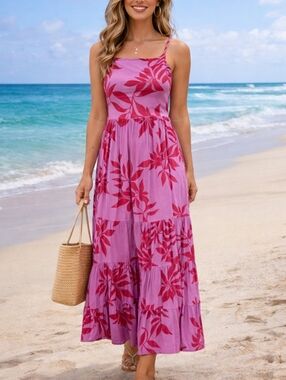 Old Navy Floral Maxi Dress – Size Medium – Pink & Red Tiered Sundress